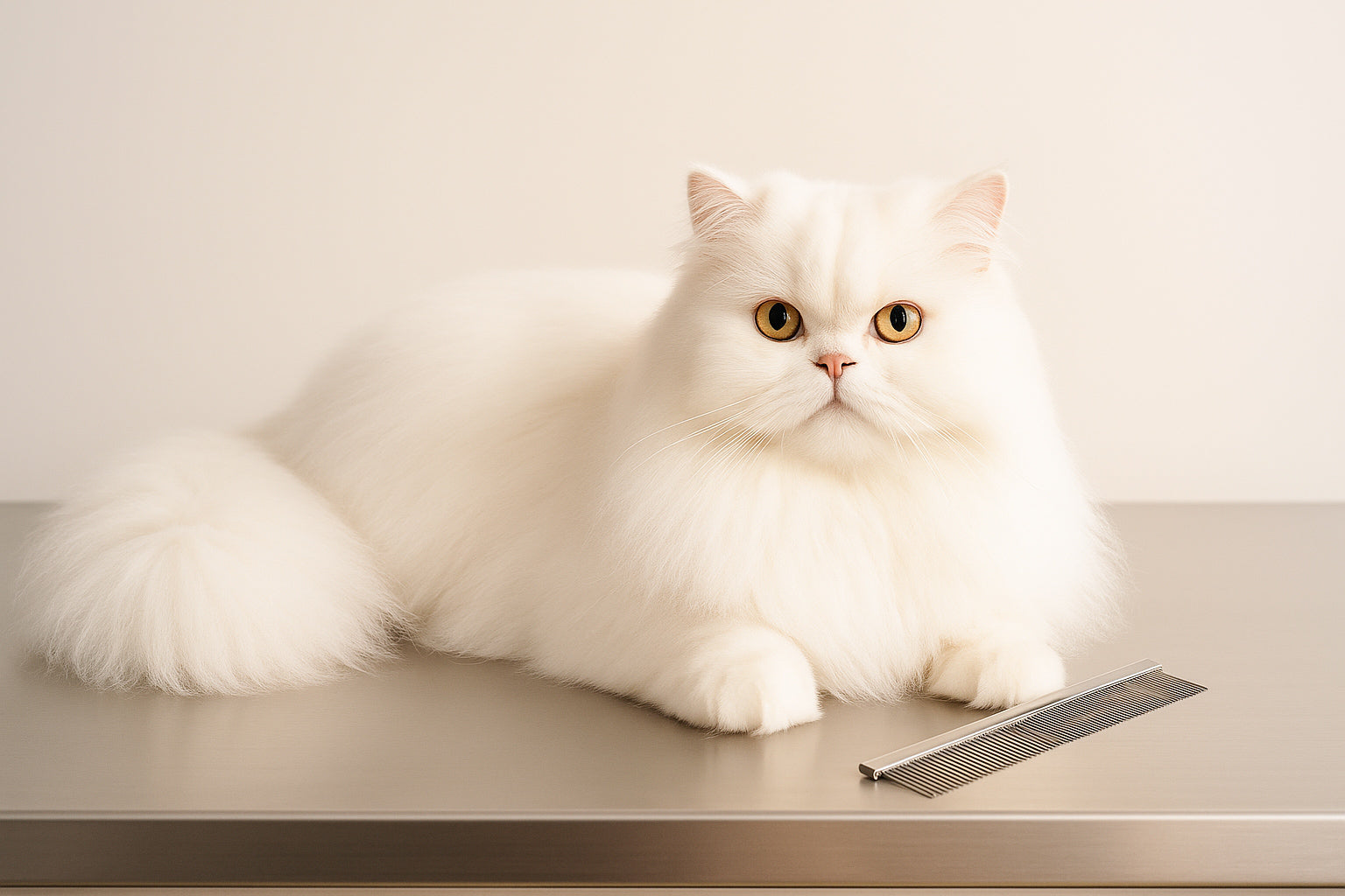 white cat on groom table