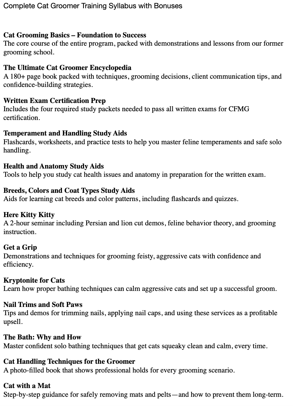 Complete Cat Groomer Training Syllabus with BONUSES