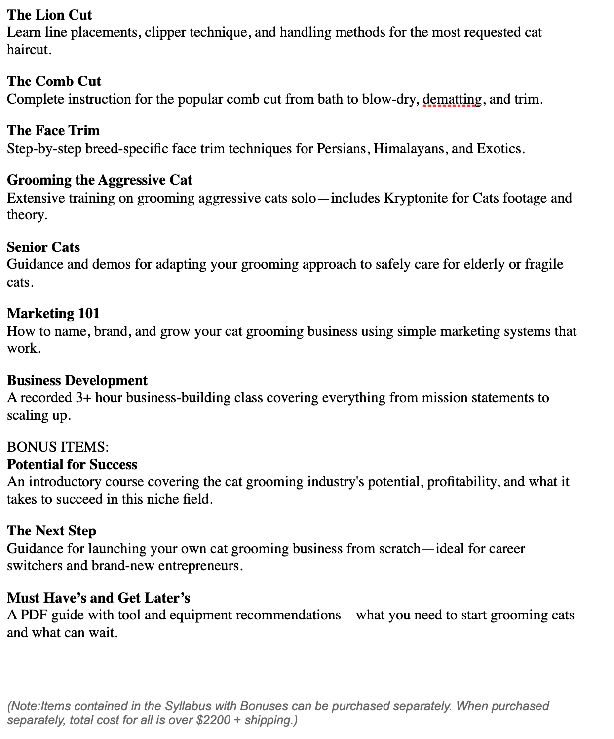 Complete Cat Groomer Training Syllabus with BONUSES