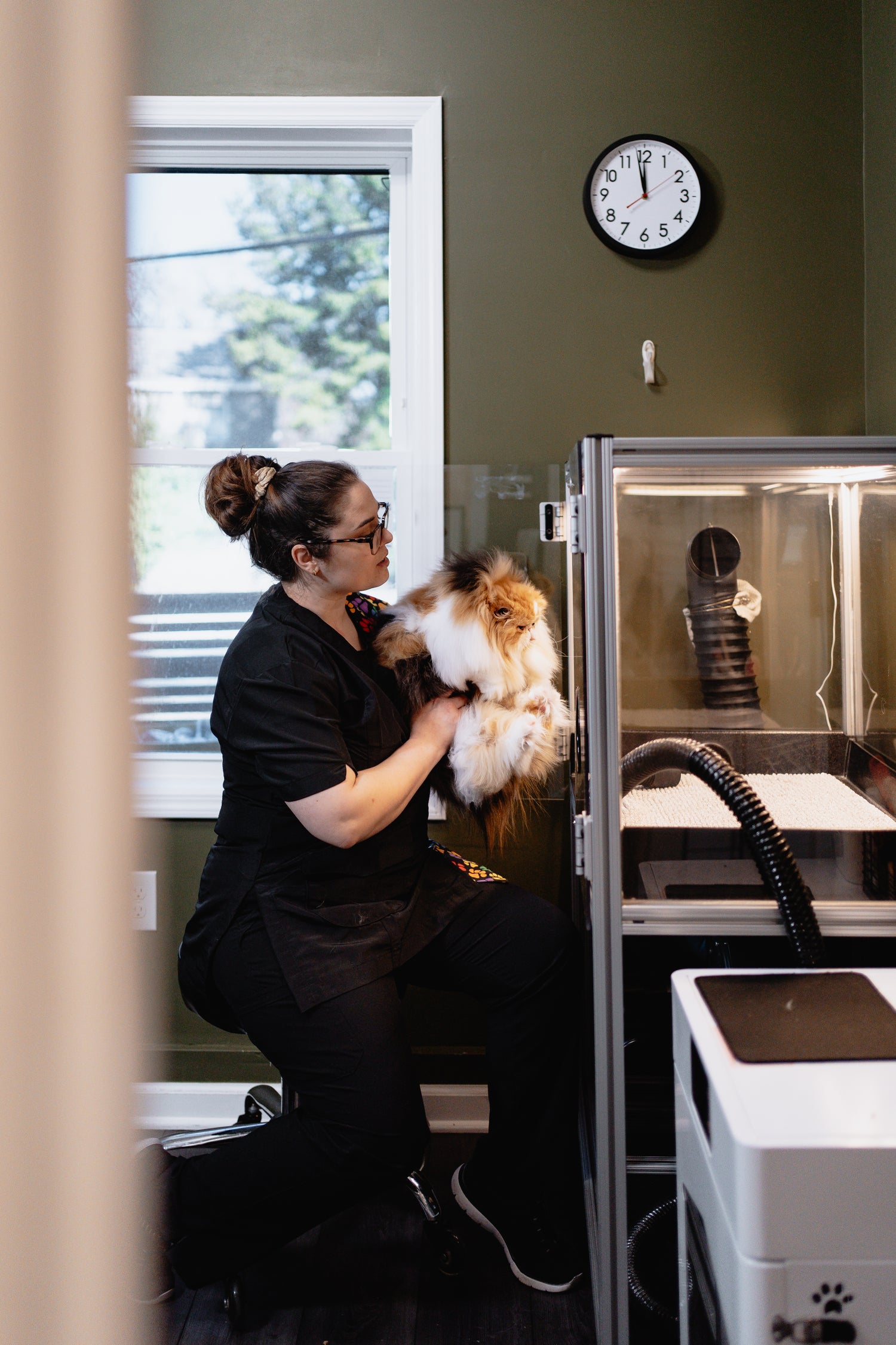 Woman holding a cat sitting at a Catty Shack Vac dryer